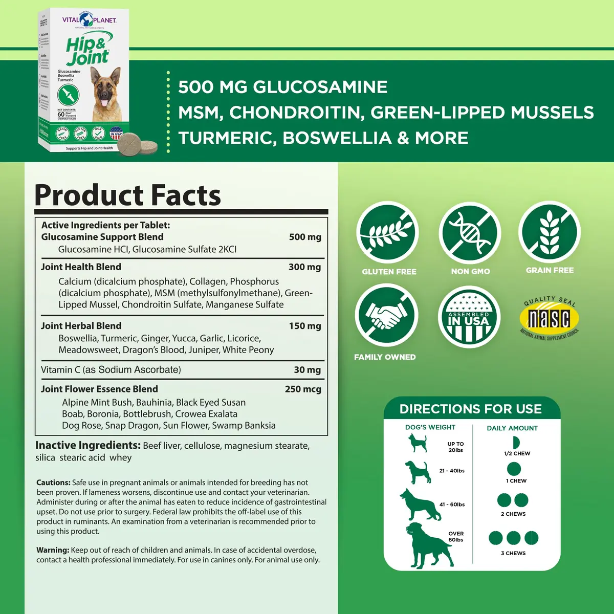 Vital Planet Hip & Joint Supplement for Dogs | Herbal Blend with Glucosamine & MSM (60 Chewable Tabs) - view 2