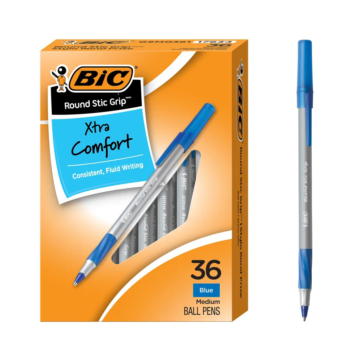 BIC Round Stic Grip Xtra Comfort Blue Ballpoint Pens, 36-Count Pack | Smooth Writing, Comfortable Grip - main product image