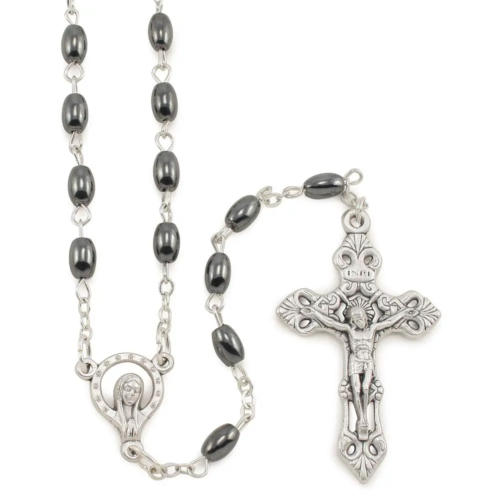 RosaryMart Hematite Oval Bead Rosary with Madonna Center and Crucifix | 13in Inner Length, Handmade Italy - main product image