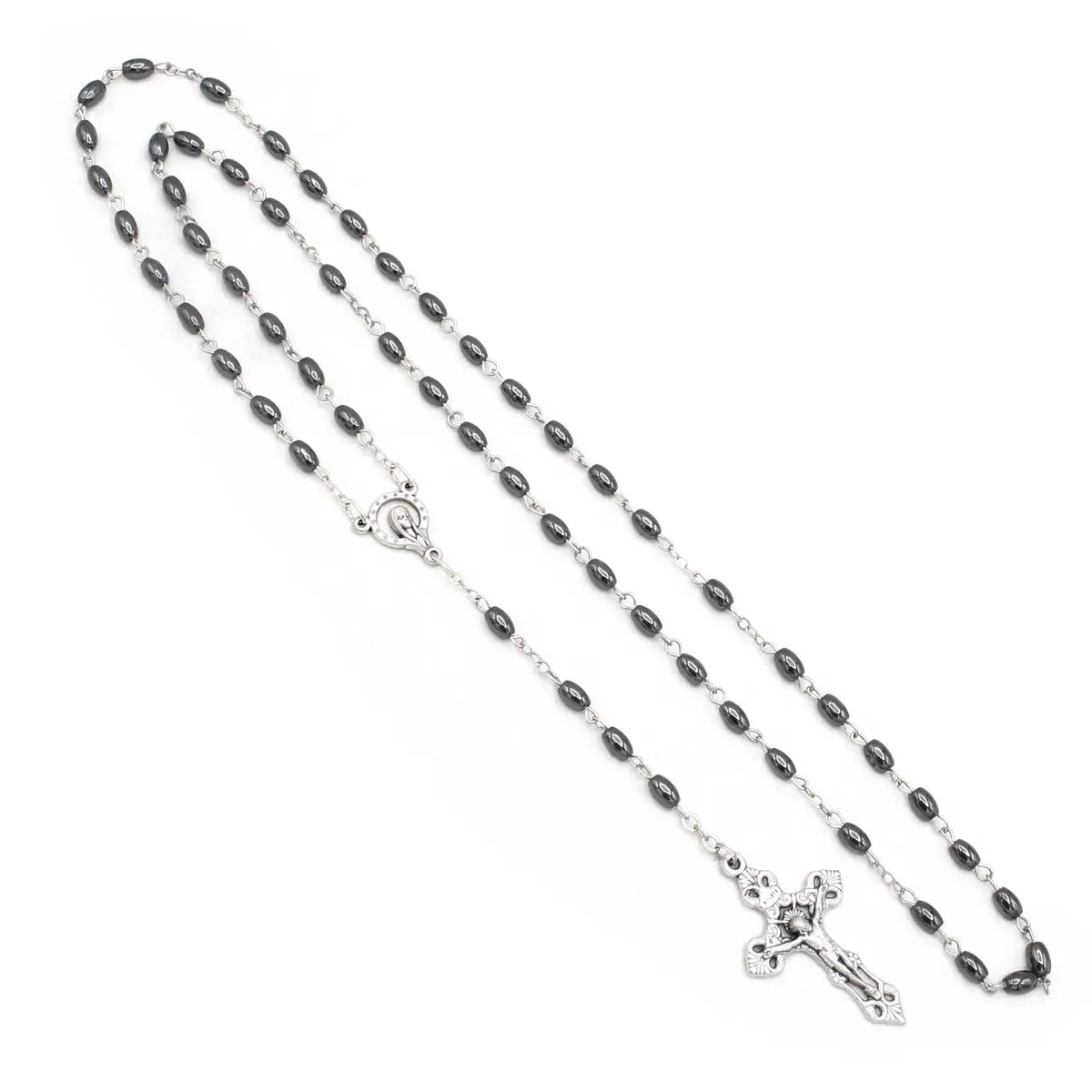 RosaryMart Hematite Oval Bead Rosary with Madonna Center and Crucifix | 13in Inner Length, Handmade Italy - view 2