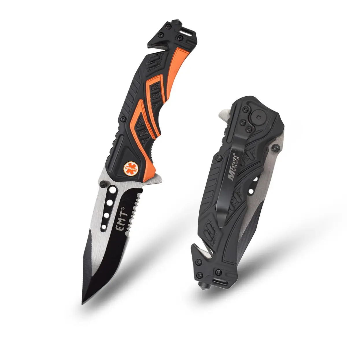 MTECH USA Pocket Folding Knife, Two-Tone Half-Serrated Blade, Aluminum Handle, 4.75-Inch Closed, Camping, Survival, Tactical, Outdoors, EDC (Orange) | Compact & Durable - main product image