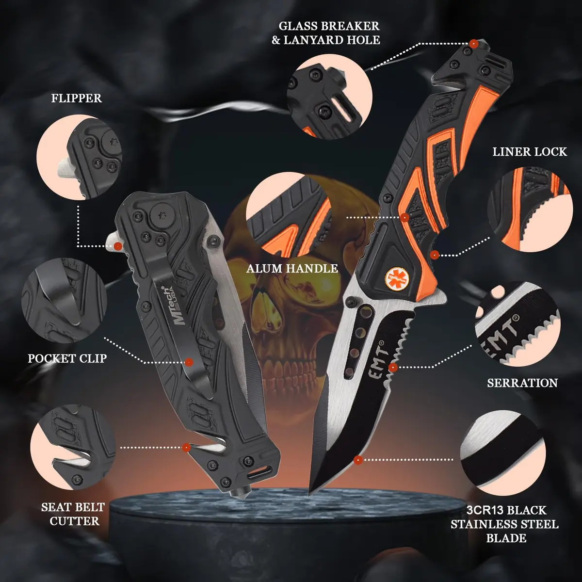 MTECH USA Pocket Folding Knife, Two-Tone Half-Serrated Blade, Aluminum Handle, 4.75-Inch Closed, Camping, Survival, Tactical, Outdoors, EDC (Orange) | Compact & Durable - view 3