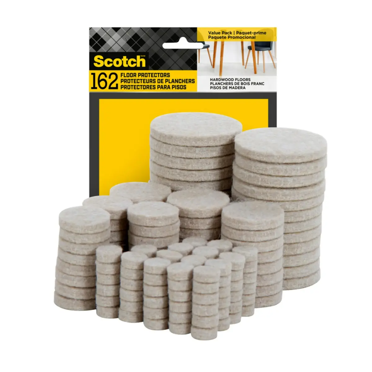 Scotch Felt Pads 162 PCS Beige, Assorted Sizes Value Pack | Protects Hardwood Floors - main product image