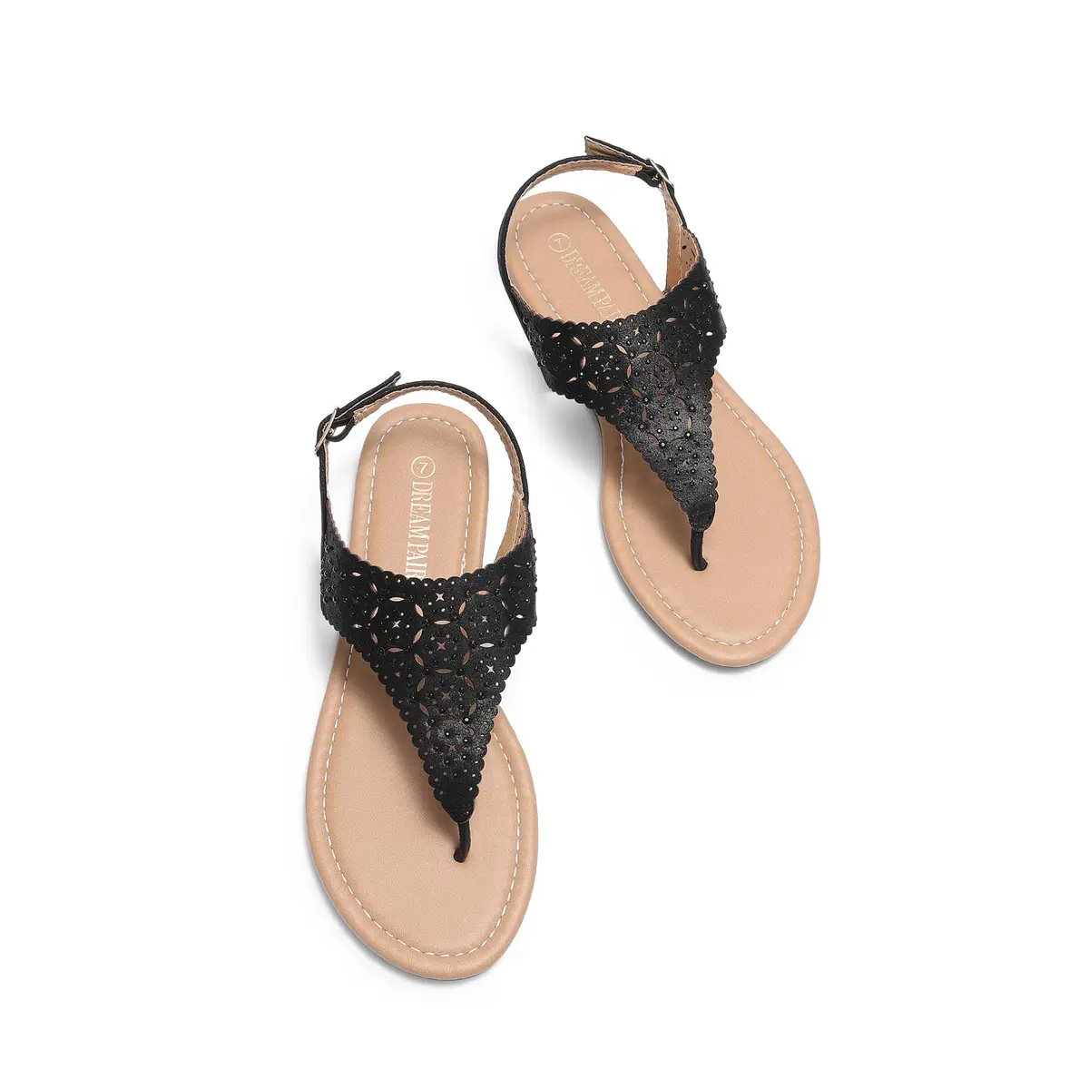 DREAM PAIRS Women's T-Strap Gladiator Flat Sandals,Black,5.5 | Chic Summer Flat with Rhinestones & Ankle Buckle - view 8