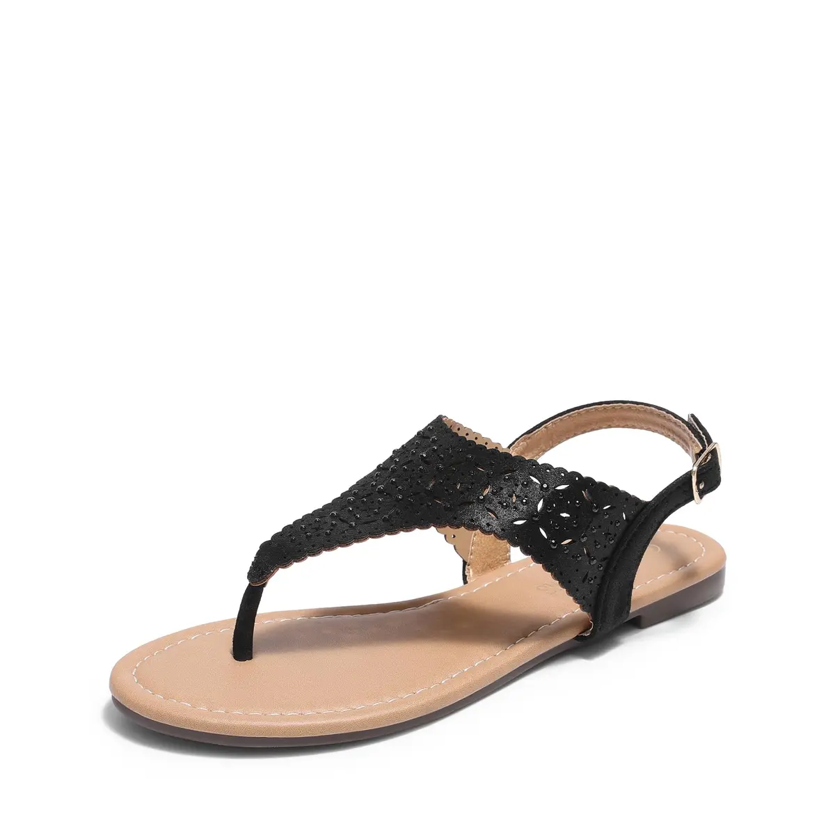 DREAM PAIRS Women's T-Strap Gladiator Flat Sandals,Black,7 | Chic Summer Flat with Rhinestones & Ankle Buckle - main product image