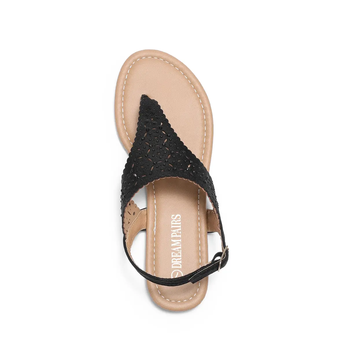 DREAM PAIRS Women's T-Strap Gladiator Flat Sandals,Black,7 | Chic Summer Flat with Rhinestones & Ankle Buckle - view 6