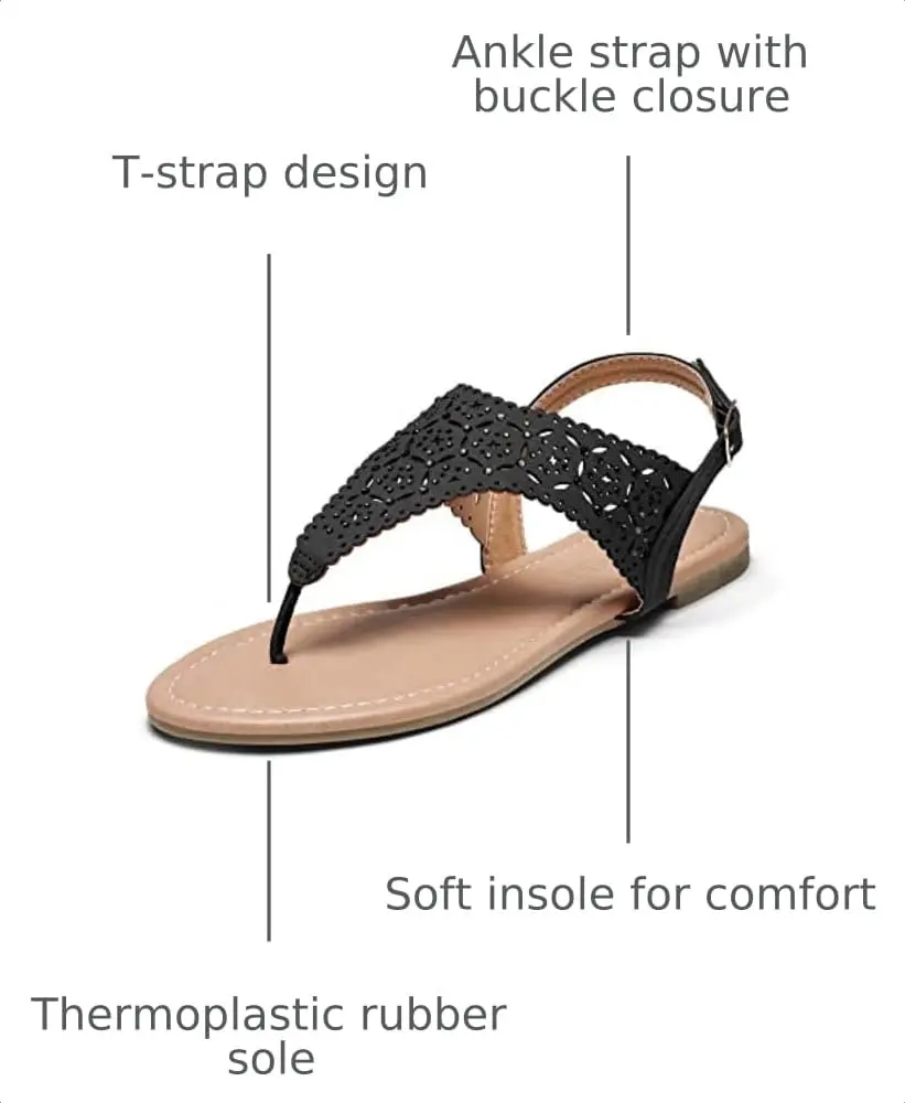 DREAM PAIRS Women's T-Strap Gladiator Flat Sandals,Black,7 | Chic Summer Flat with Rhinestones & Ankle Buckle - view 3