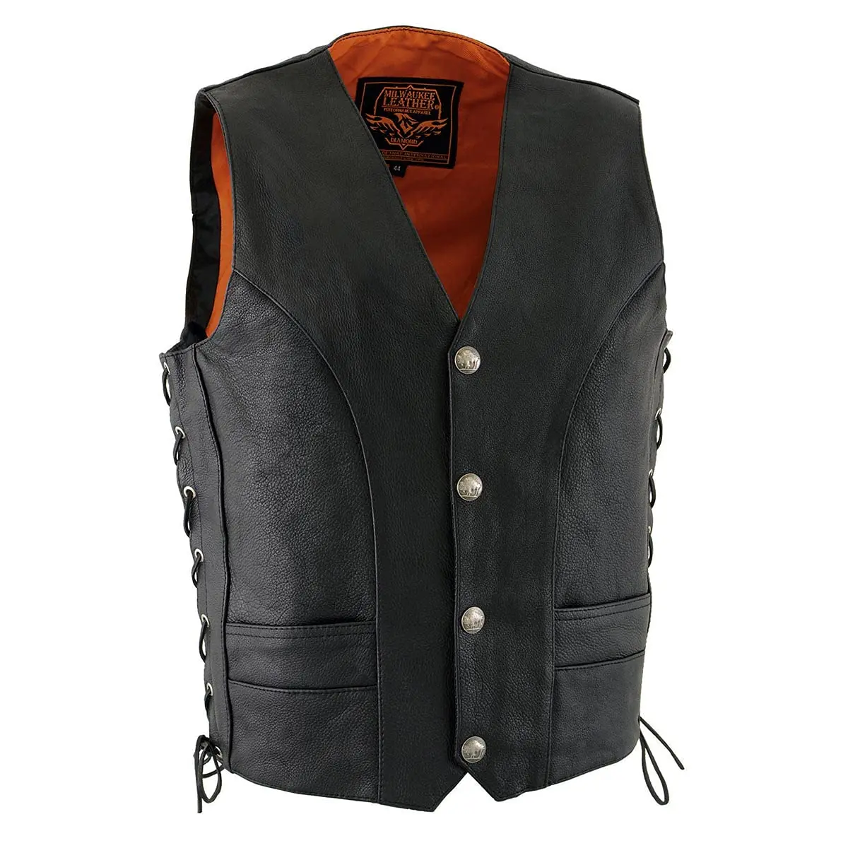 Milwaukee Leather ML1369 Men's Black Premium Leather Side Lace Motorcycle Vest | Buffalo Nickel Snaps Closure - main product image