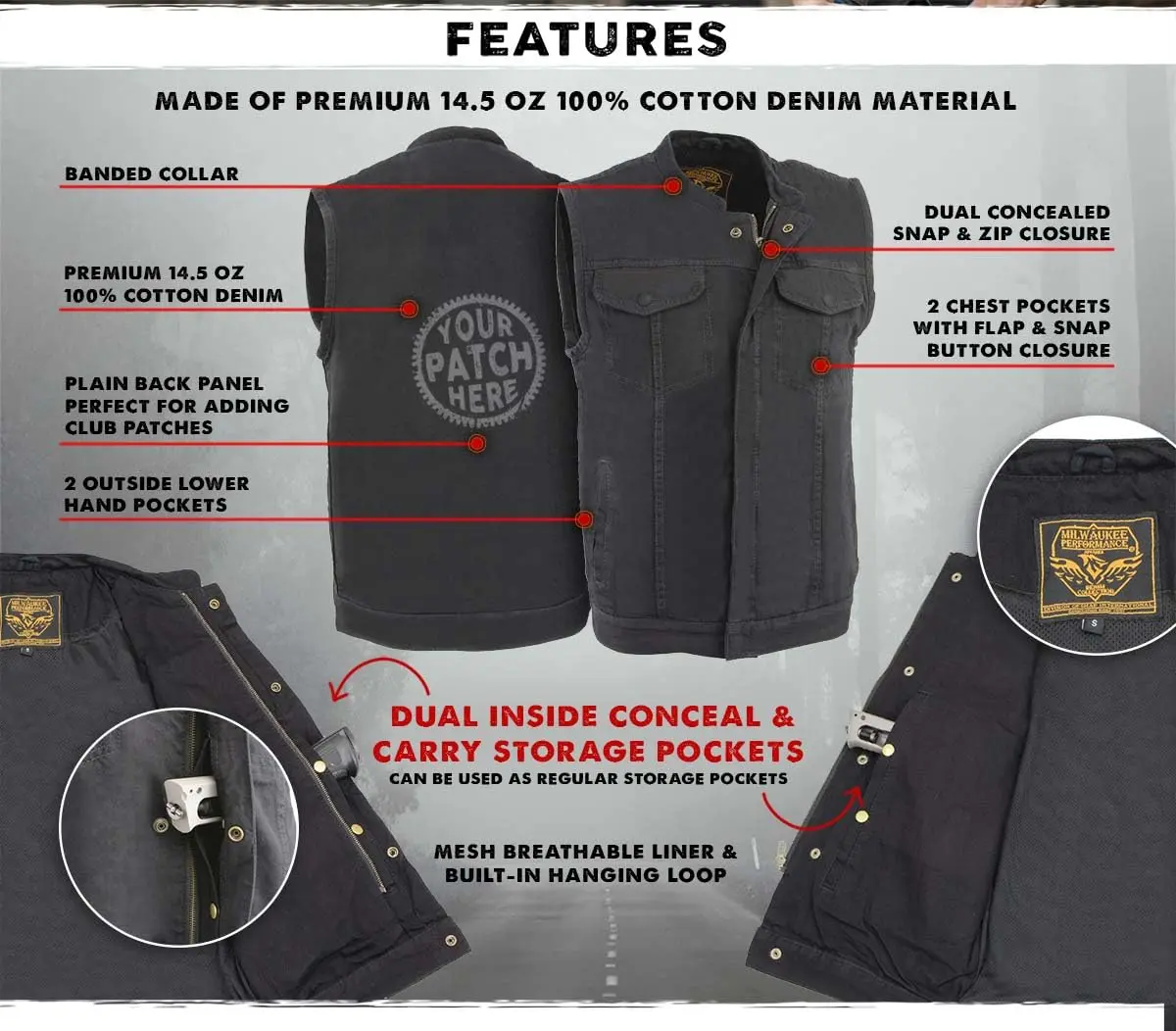 Milwaukee Leather MDM3000 Men's Black Denim Vest | Quick Draw Dual Closure Biker Style - view 2