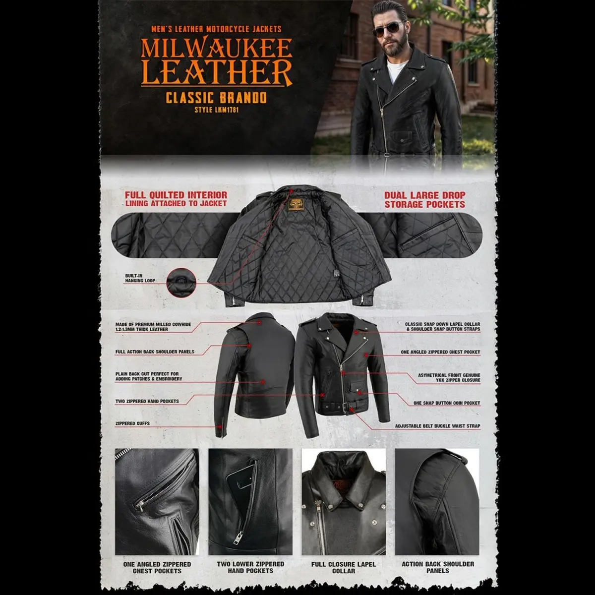 Milwaukee Leather Men's The Legend Classic Brando Black Premium Leather Motorcycle Jacket - 4X-Large | Durable Cowhide, All-Season Comfort - view 2