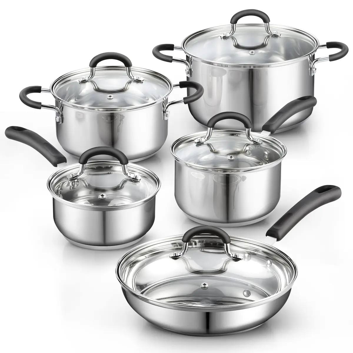 Cook N Home 10-Piece Stainless Steel Cookware Set | Induction Compatible, Oven Safe to 400°F, Dishwasher Safe - main product image