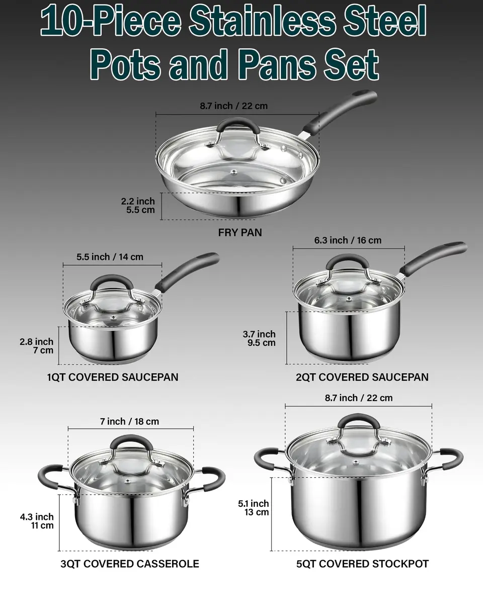 Cook N Home 10-Piece Stainless Steel Cookware Set | Induction Compatible, Oven Safe to 400°F, Dishwasher Safe - view 2