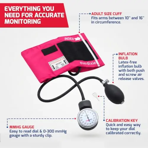 Dixie EMS Deluxe Aneroid Sphygmomanometer Blood Pressure Set with Adult Cuff, Carrying Case & Calibration Tool - Pink | Accurate Manual BP Monitor - view 3