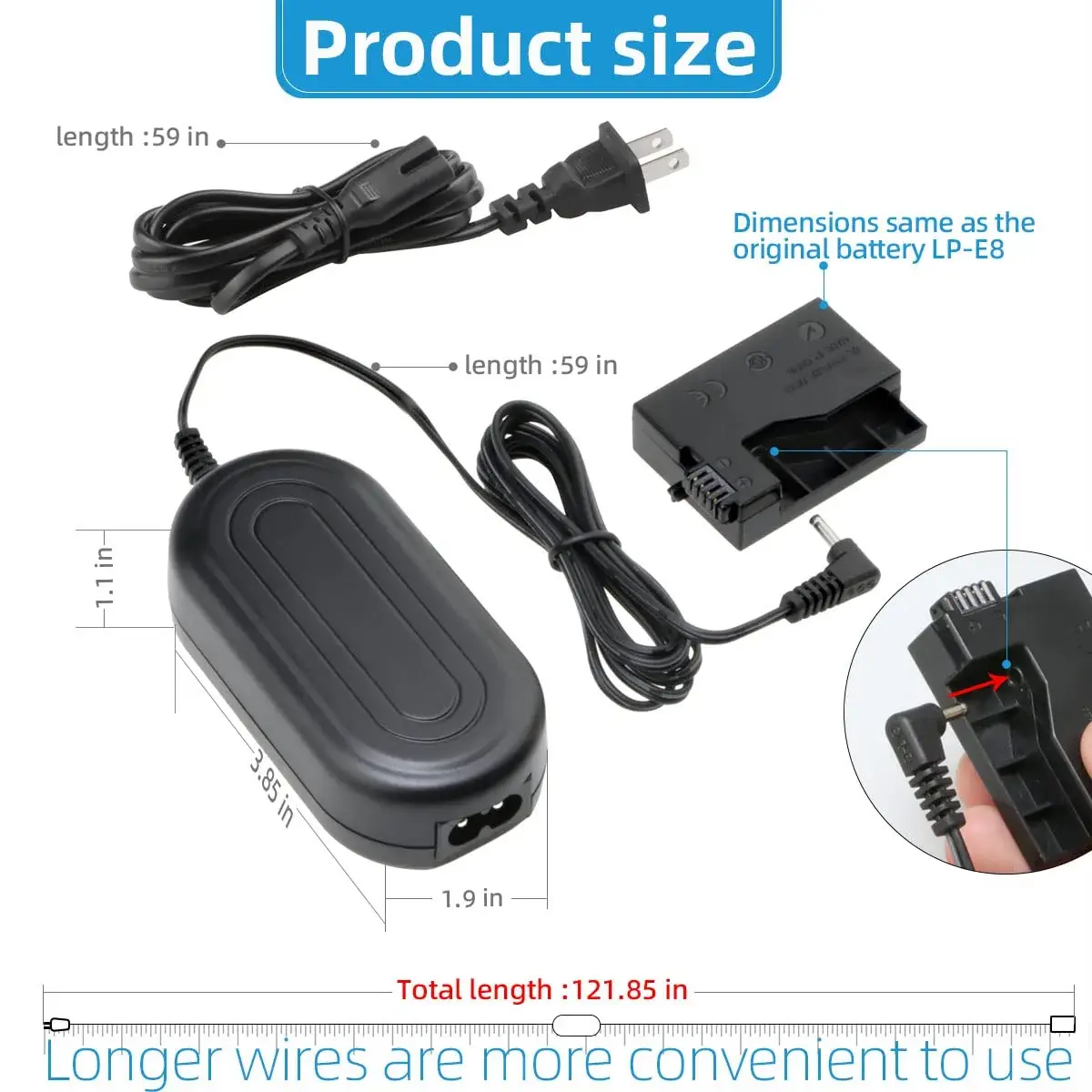 GLORICH ACK-E8 AC Power Adapter & DR-E8 DC Coupler LP-E8 Dummy Battery for Canon EOS Rebel T5i, T4i, T3i, T2i, 700D, 650D, 600D, 550D Cameras | Continuous Studio Power - view 5