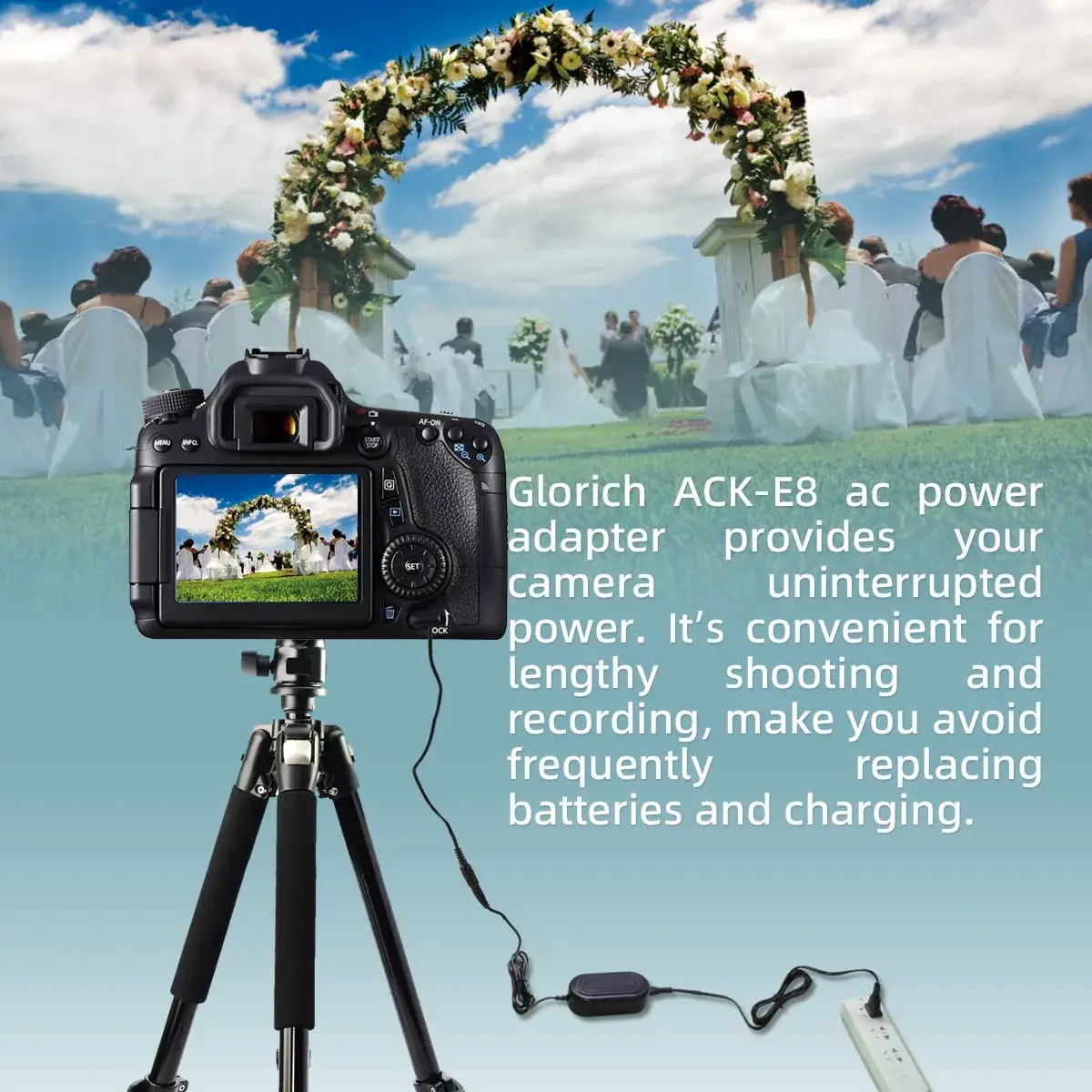 GLORICH ACK-E8 AC Power Adapter & DR-E8 DC Coupler LP-E8 Dummy Battery for Canon EOS Rebel T5i, T4i, T3i, T2i, 700D, 650D, 600D, 550D Cameras | Continuous Studio Power - view 2