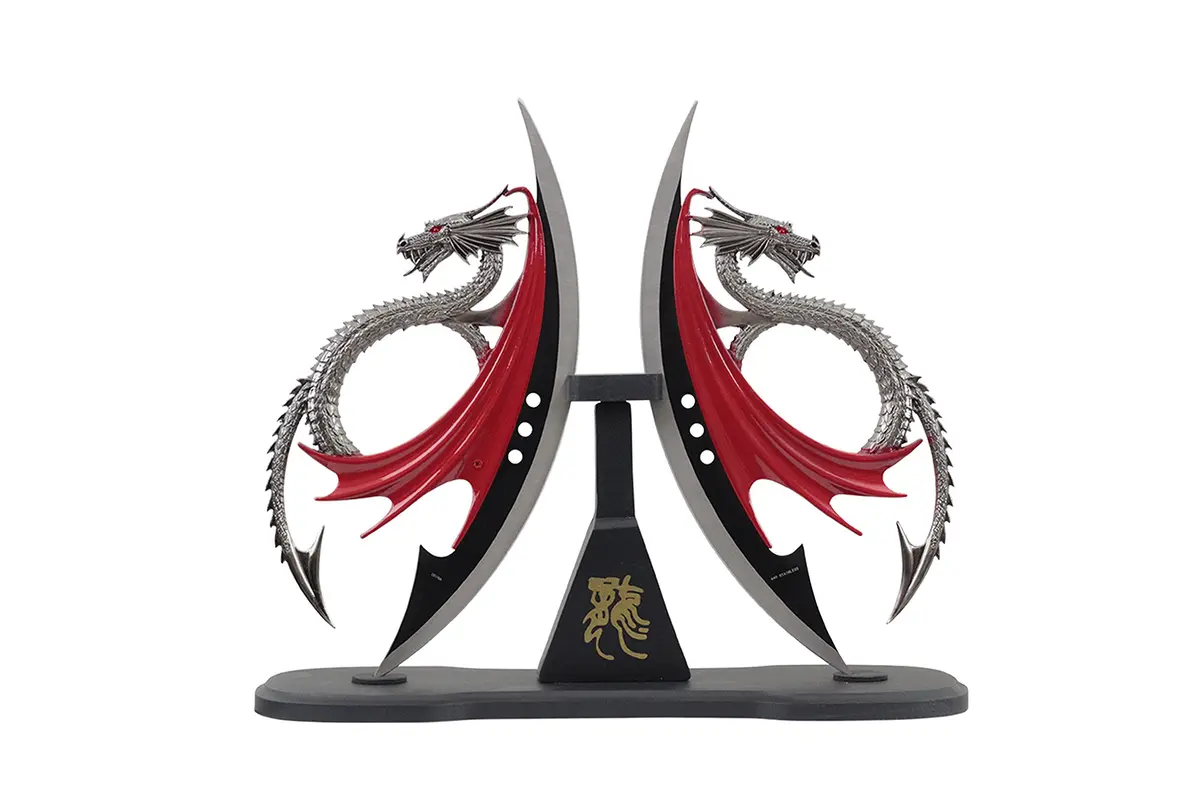Wuu Jau H-548 Dual Fantasy Dragon Dagger Display with Wooden Stand, 11" | Fantasy Dragon Double Dagger - main product image