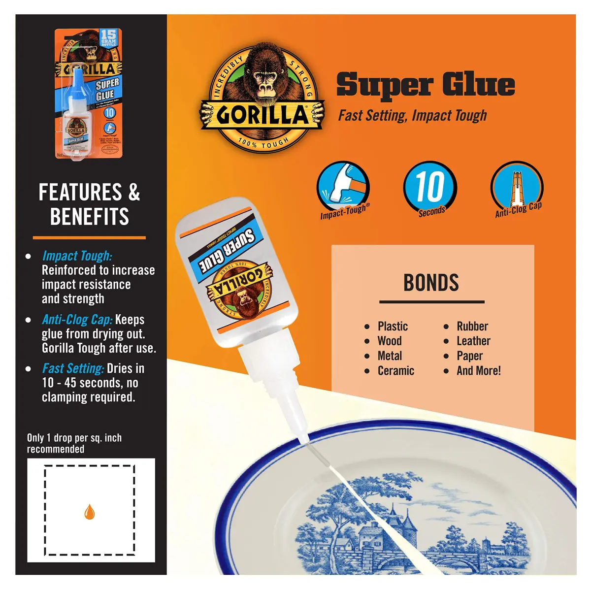 Gorilla Super Glue Clear Bonding Adhesive 15g (0.51 Fl Oz) | Impact-Tough Formula for Fast Repairs - view 2