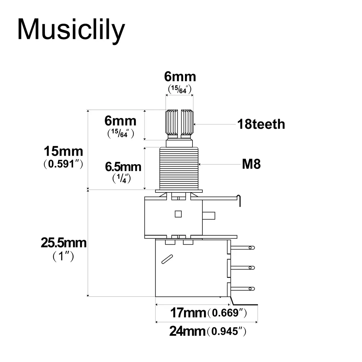 Musiclily Basic B500K Metric 18 Spline Short Shaft Push/Pull Pot 2Pcs | 500k Linear Taper for Electric Guitar & Bass - view 2