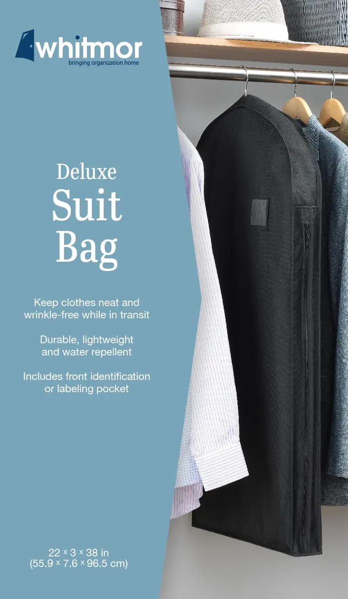Whitmor Deluxe Suit Garment Bag, 38" Heavy Duty 3" Gusset, 1 Pack Black | Water-Repellent Polyester for Travel & Storage - view 4