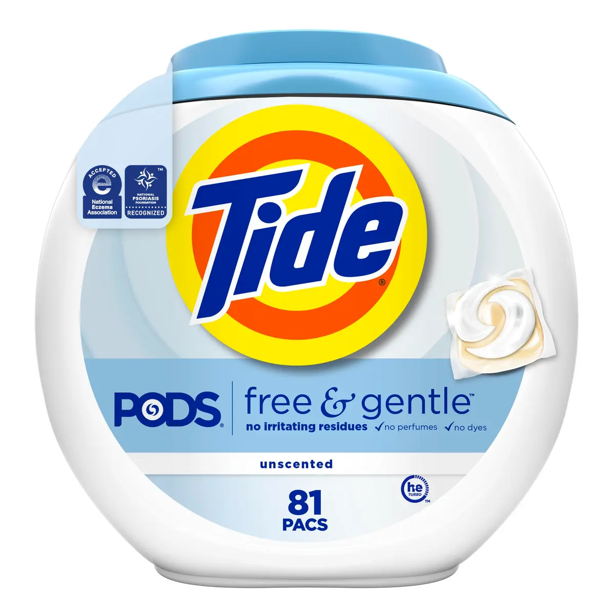 Tide PODS Free & Gentle Laundry Detergent Pacs, 81 Count (1.9kg / 4.25lb) | Hypoallergenic & Dye-Free Formula - main product image