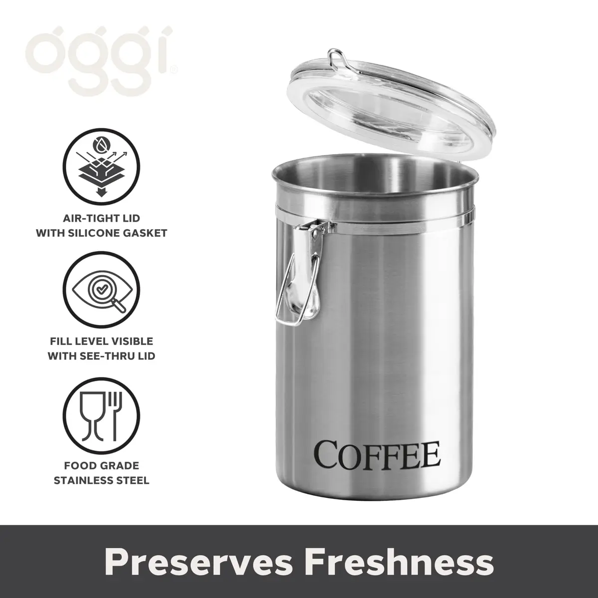 Oggi Stainless Steel Coffee Canister 62 fl oz | Airtight Clamp Lid, See-Thru Top, Durable Kitchen Storage - view 6