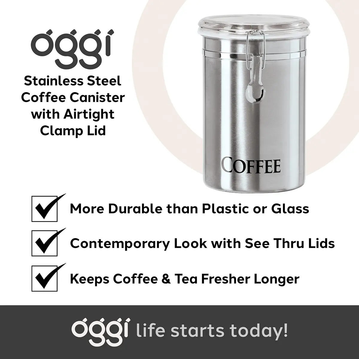 Oggi Stainless Steel Coffee Canister 62 fl oz | Airtight Clamp Lid, See-Thru Top, Durable Kitchen Storage - view 7