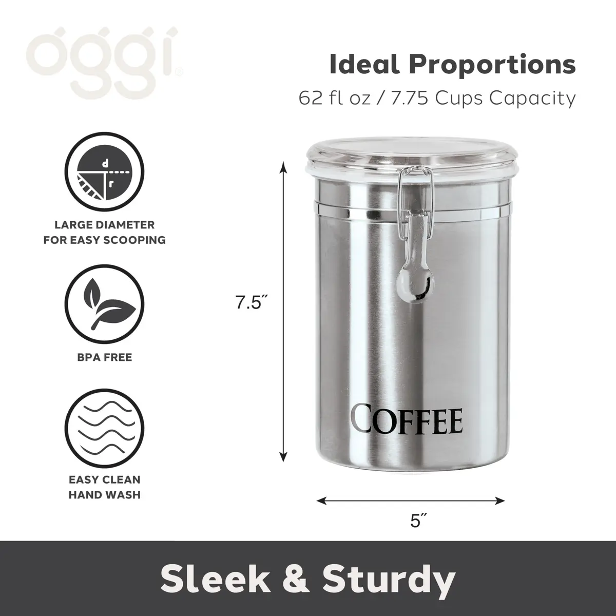 Oggi Stainless Steel Coffee Canister 62 fl oz | Airtight Clamp Lid, See-Thru Top, Durable Kitchen Storage - view 2