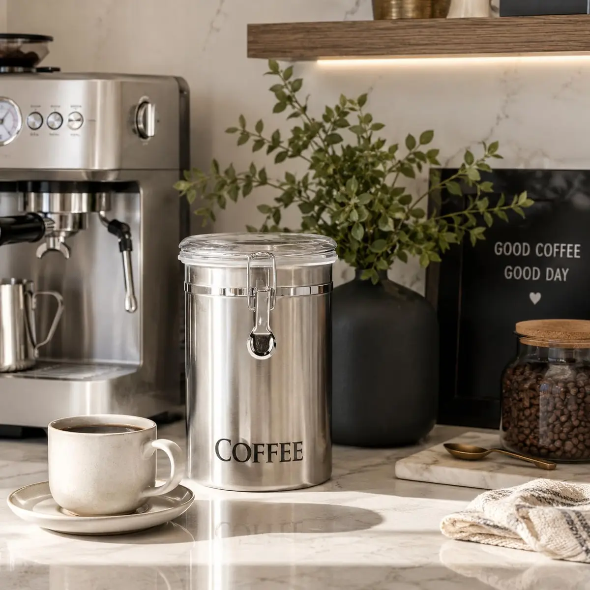 Oggi Stainless Steel Coffee Canister 62 fl oz | Airtight Clamp Lid, See-Thru Top, Durable Kitchen Storage - view 3