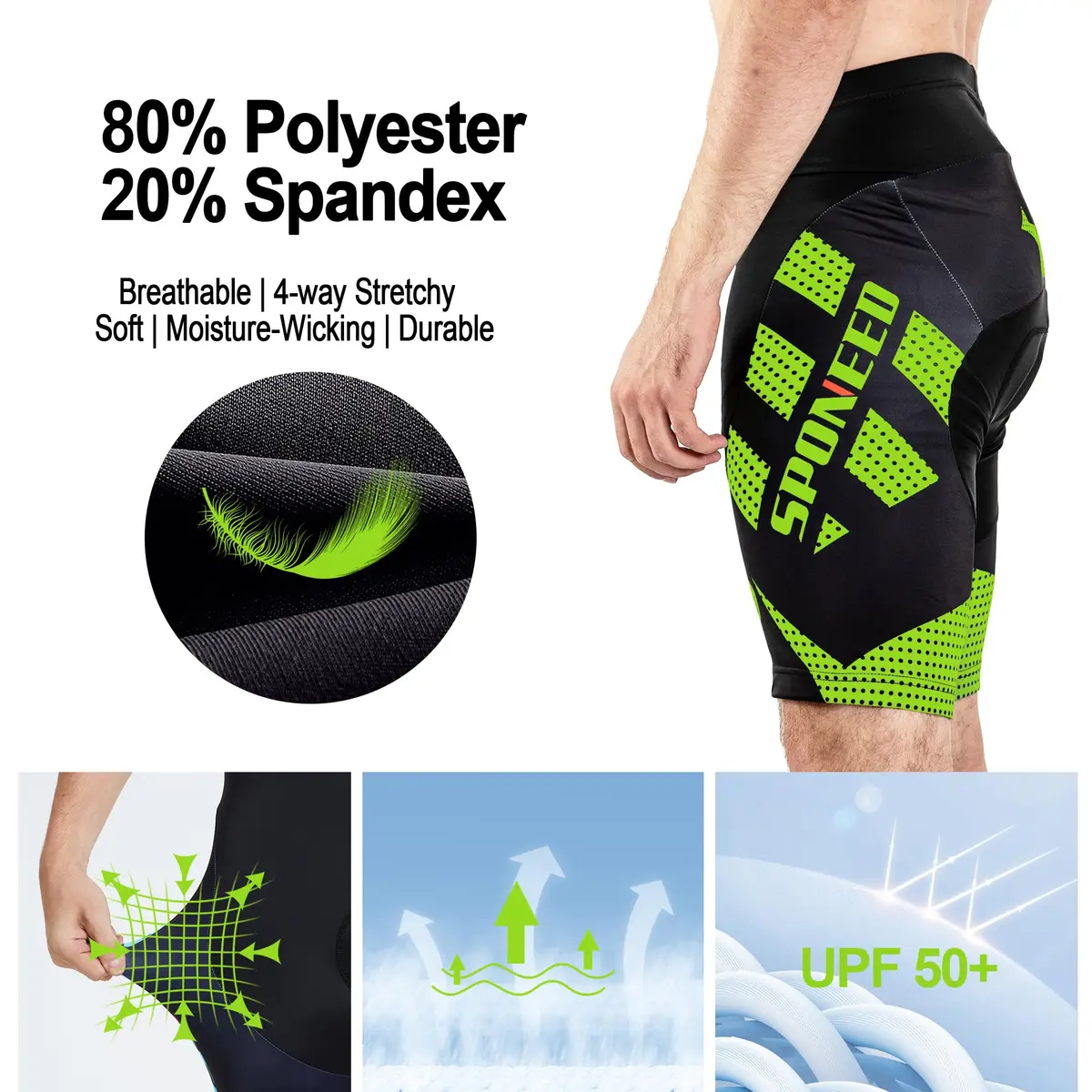 sponeed Men Road Bike Shorts XL Green | Padded Cycling Tights for Men, Summer, Quick Dry - view 6