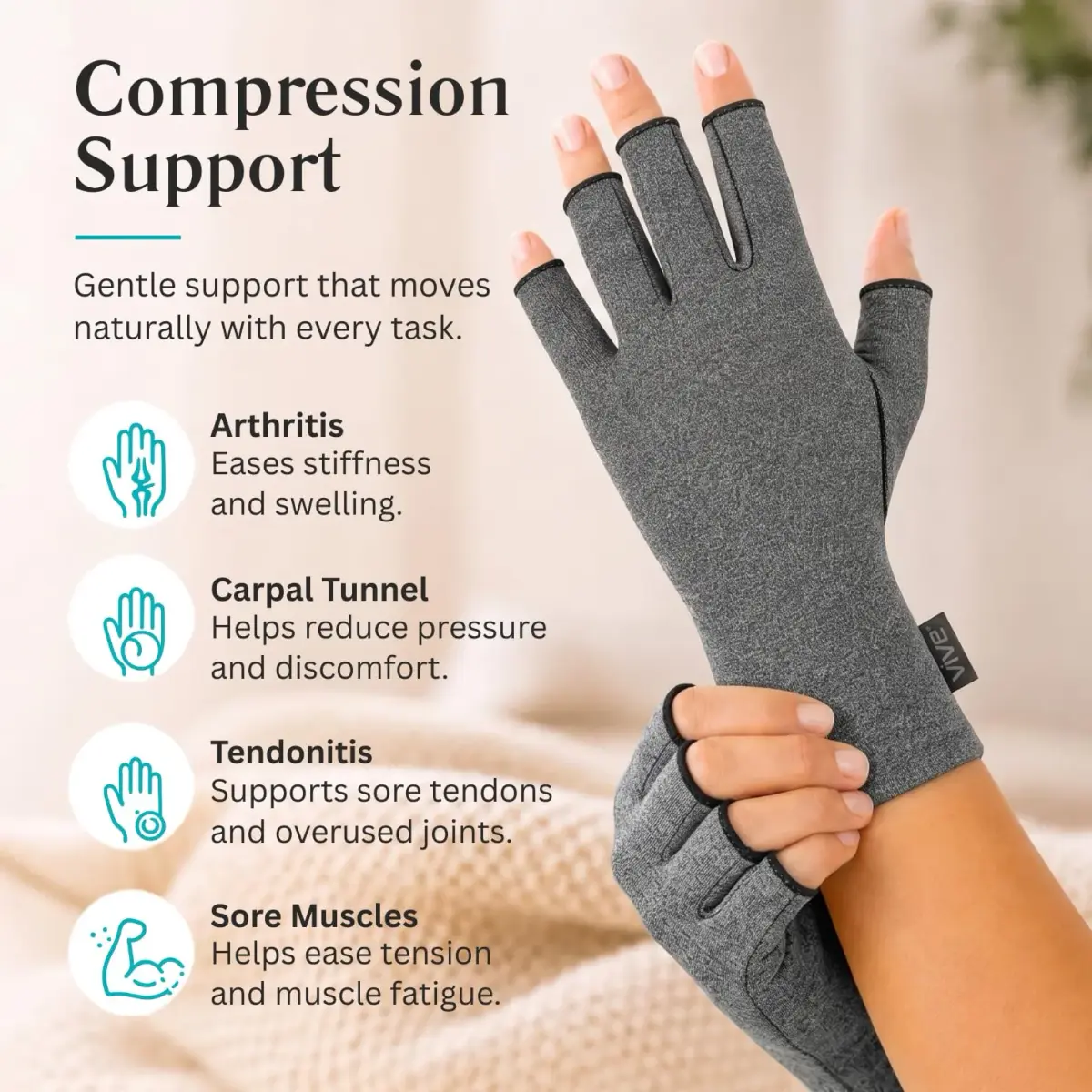 Vive Arthritis Gloves for Men & Women - Rheumatoid Compression Hand Glove with Wrist Support - Small, Grey | Soothing Pain Relief for Osteoarthritis & Carpal Tunnel - view 4