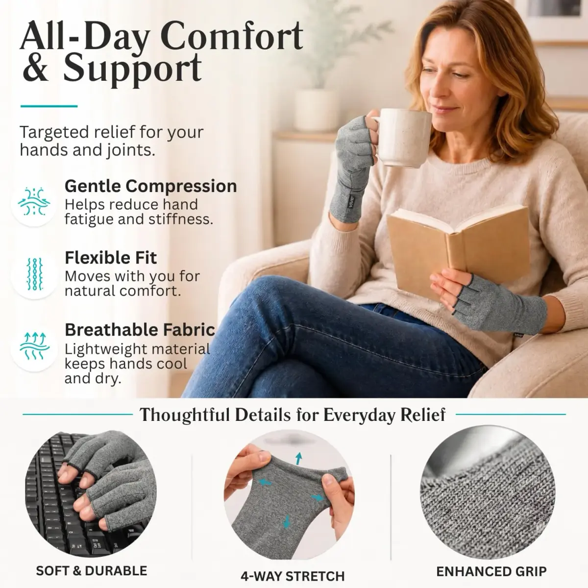 Vive Arthritis Gloves for Men & Women - Rheumatoid Compression Hand Glove with Wrist Support - Small, Grey | Soothing Pain Relief for Osteoarthritis & Carpal Tunnel - view 7