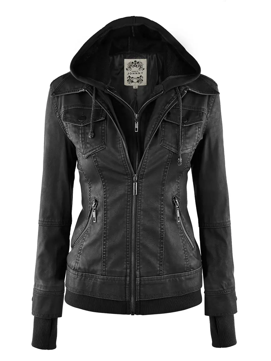 Made By Johnny Womens Faux Leather Jacket with Hoodie XL Black | Medium Weight, Fully Lined, Zipper Closure - main product image