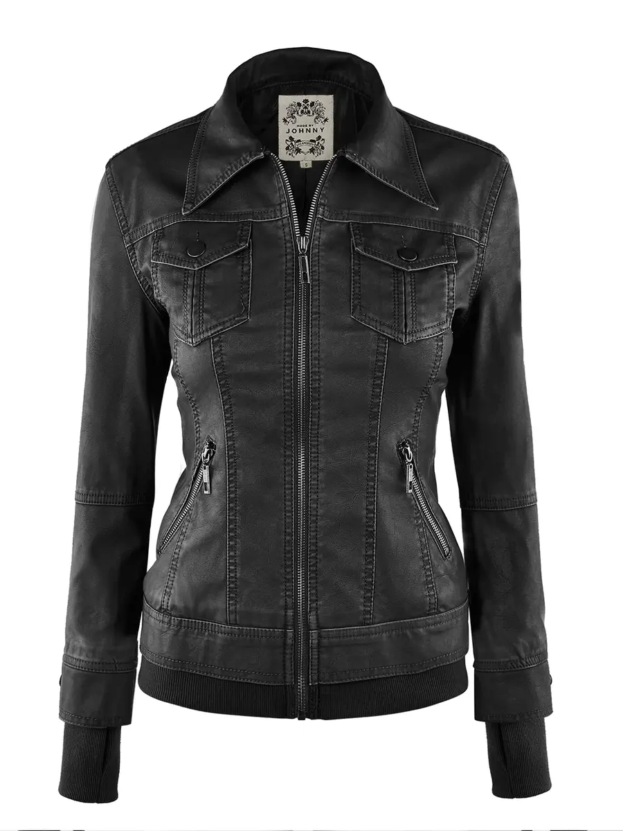 Made By Johnny Womens Faux Leather Jacket with Hoodie XL Black | Medium Weight, Fully Lined, Zipper Closure - view 5