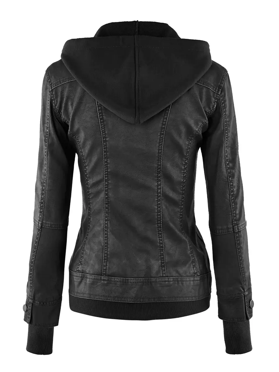 Made By Johnny Womens Faux Leather Jacket with Hoodie XL Black | Medium Weight, Fully Lined, Zipper Closure - view 4