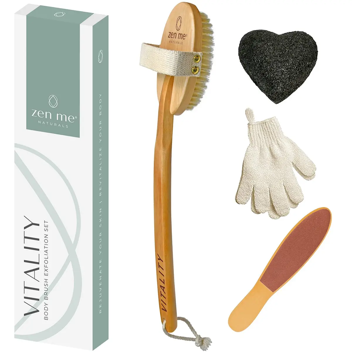ZEN ME Skin Cleaning Brush Set | Natural Exfoliation Kit with Boar Bristle, Gloves, Konjac Sponge & Foot File for Lymphatic Drainage - main product image