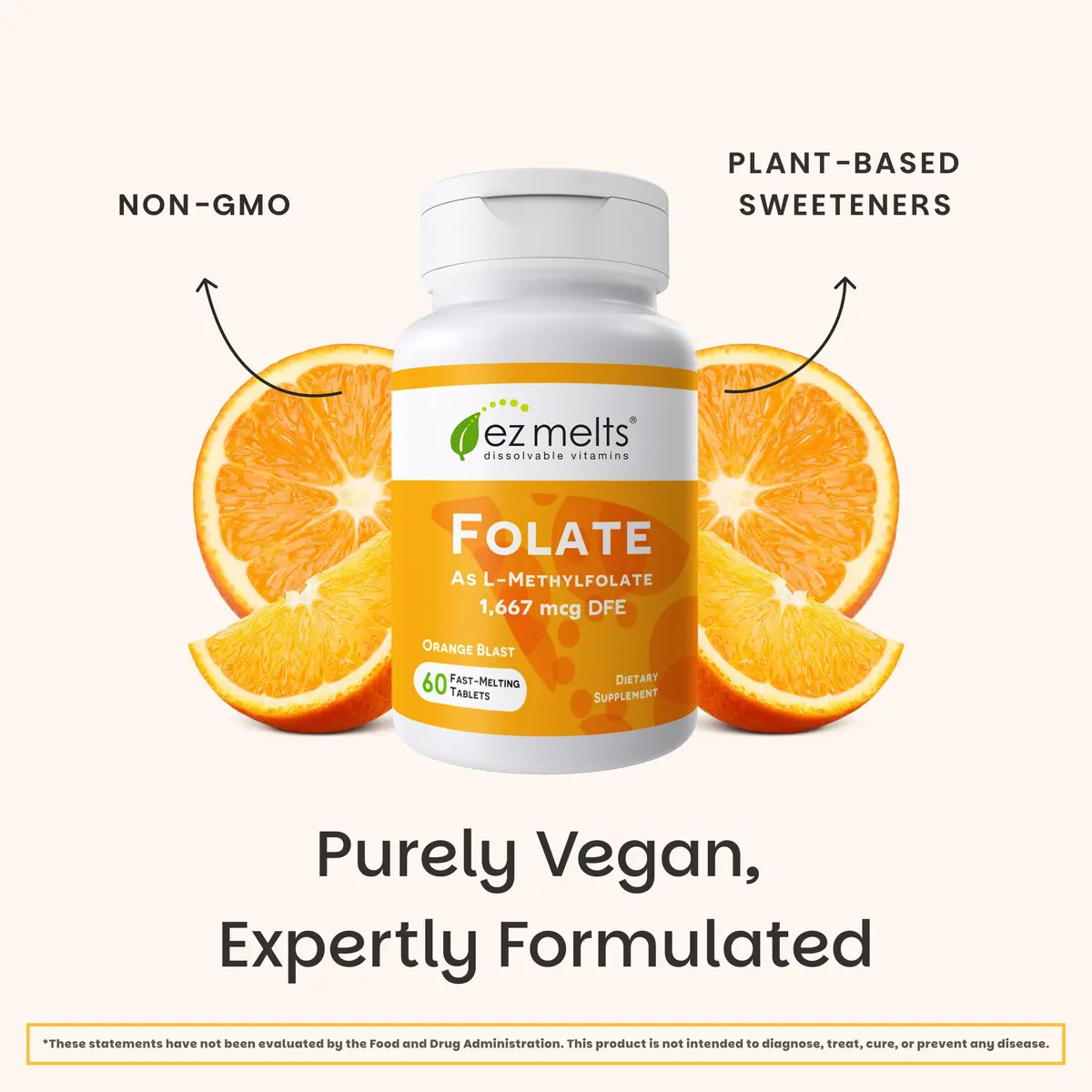 EZ Melts Dissolvable Folate 1,667 mcg DFE | Orange Blast Vitamin for Heart & Nervous System - view 6