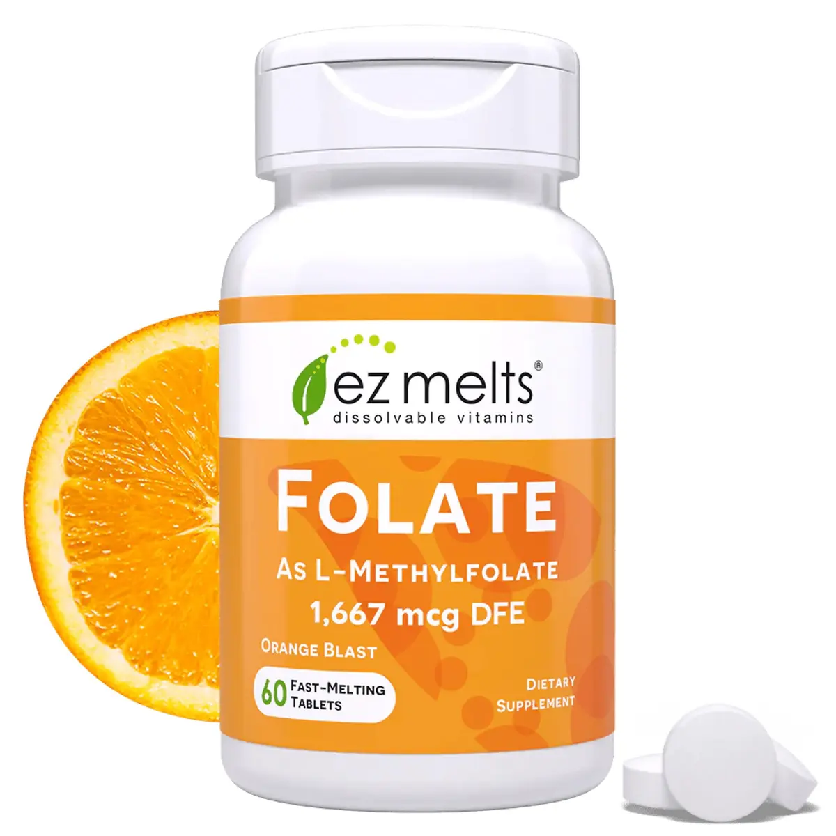 EZ Melts Dissolvable Folate 1,667 mcg DFE | Orange Blast Vitamin for Heart & Nervous System - main product image