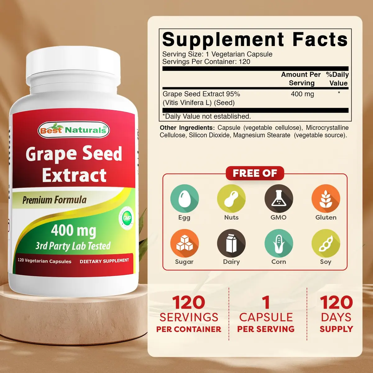 Best Naturals Grapeseed Extract 400 mg | 120 Vegetarian Capsules, Unflavoured, USA Import - view 2
