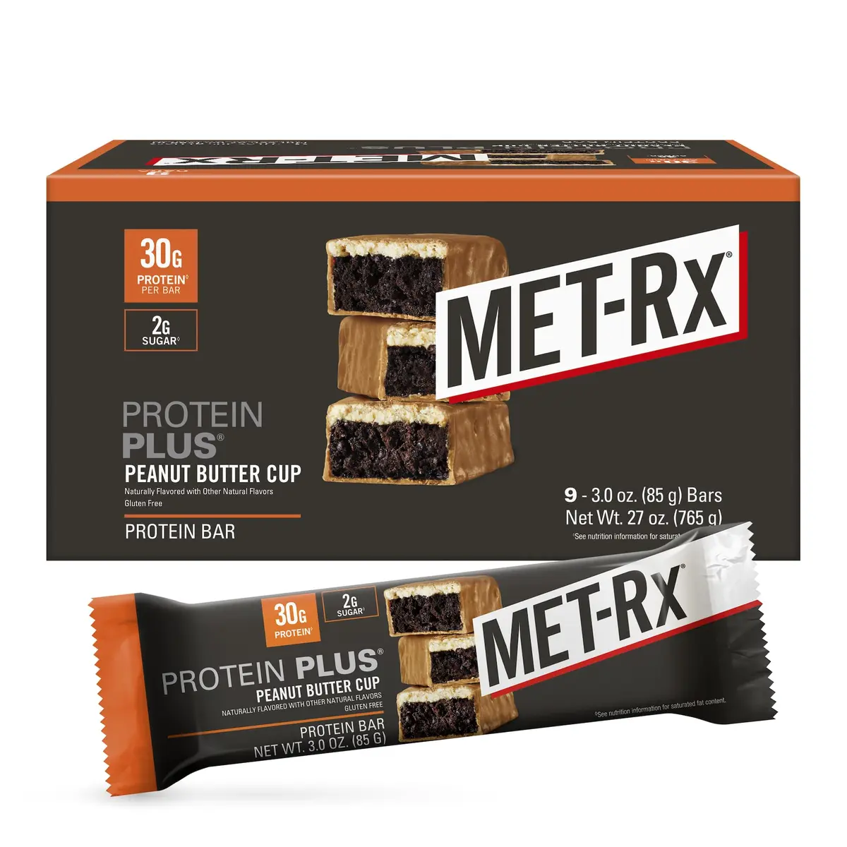 MET-Rx Protein Plus Bar, Peanut Butter Cup | High Protein, Gluten Free, 85 g, 9 Count - main product image