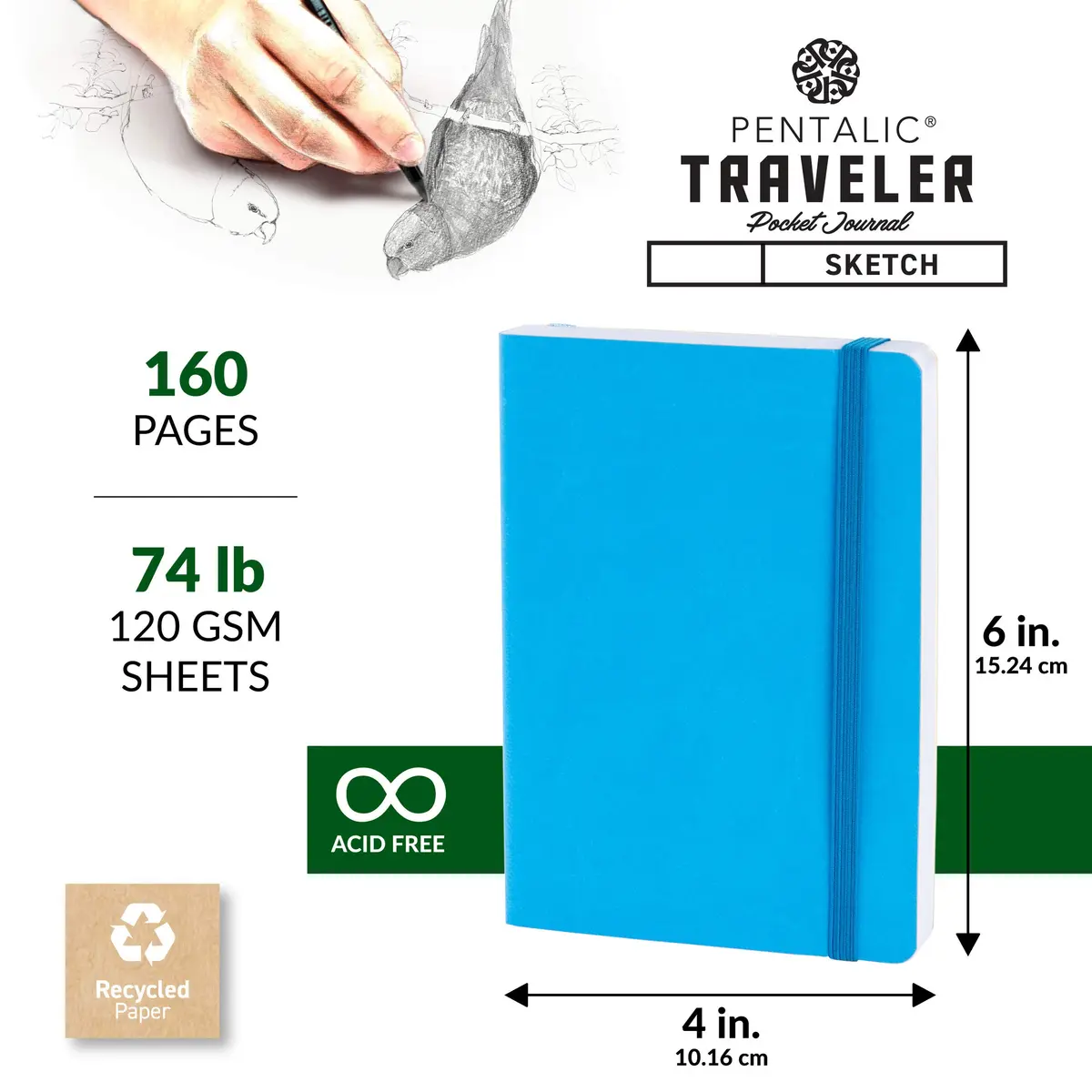 Pentalic 4" x 6" Pocket Sketchbook Traveler Journal, 160 Pages, Bright Blue | Acid-Free, Recycled Sketch Paper - view 3
