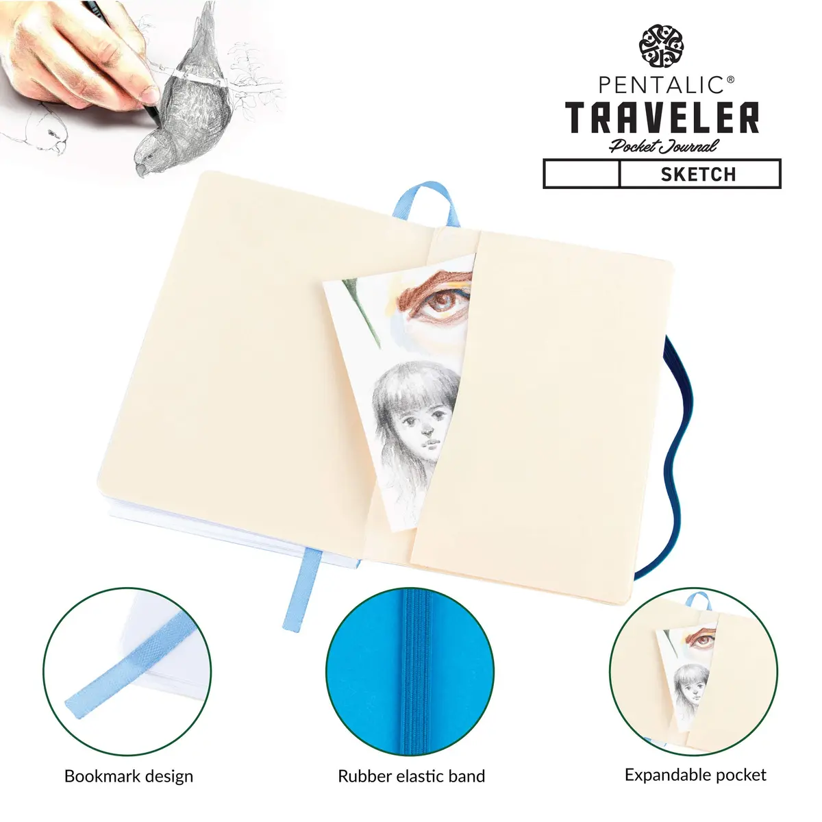 Pentalic 4" x 6" Pocket Sketchbook Traveler Journal, 160 Pages, Bright Blue | Acid-Free, Recycled Sketch Paper - view 4