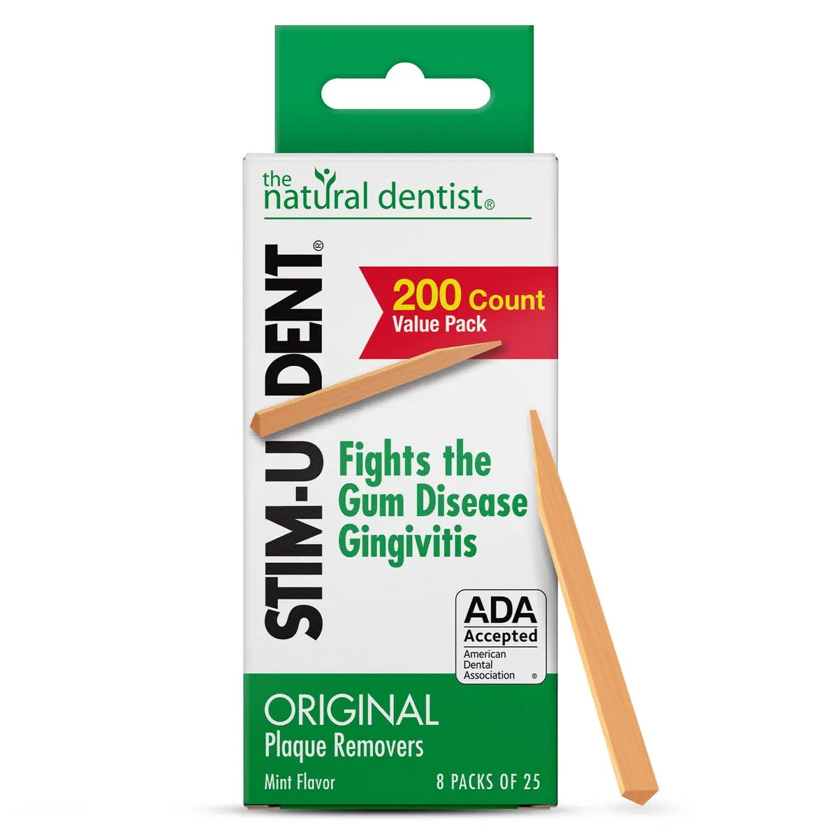 The Natural Dentist Stim-U-Dent Mint Dental Picks, Wooden Toothpicks for Food & Plaque Removal, Refreshing Mint Flavor, Travel-Friendly, 8 Packs of 25 (200 Picks) | Natural Oral Care - main product image