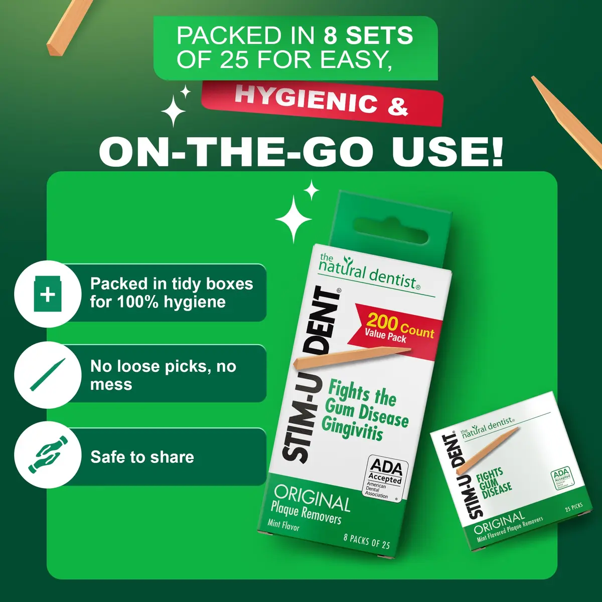 The Natural Dentist Stim-U-Dent Mint Dental Picks, Wooden Toothpicks for Food & Plaque Removal, Refreshing Mint Flavor, Travel-Friendly, 8 Packs of 25 (200 Picks) | Natural Oral Care - view 7