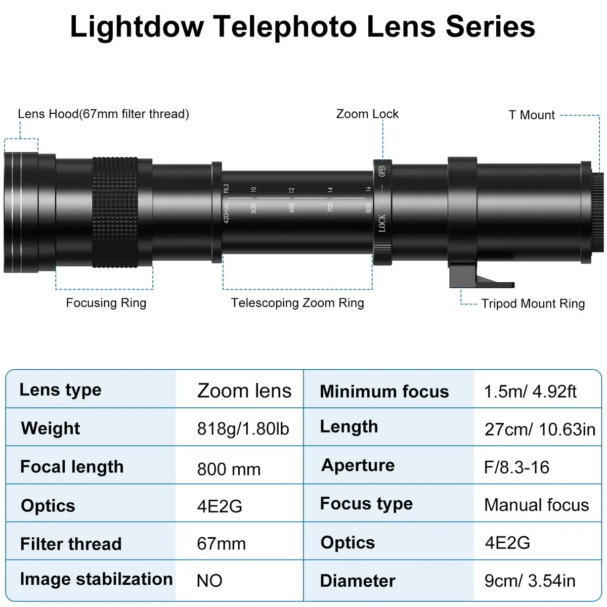 lightdow EF/EF-S 420-800mm F8.3 Telephoto Zoom Lens (MF) for Canon DSLR | Manual Focus, 420-800mm, 67mm Filter - view 2