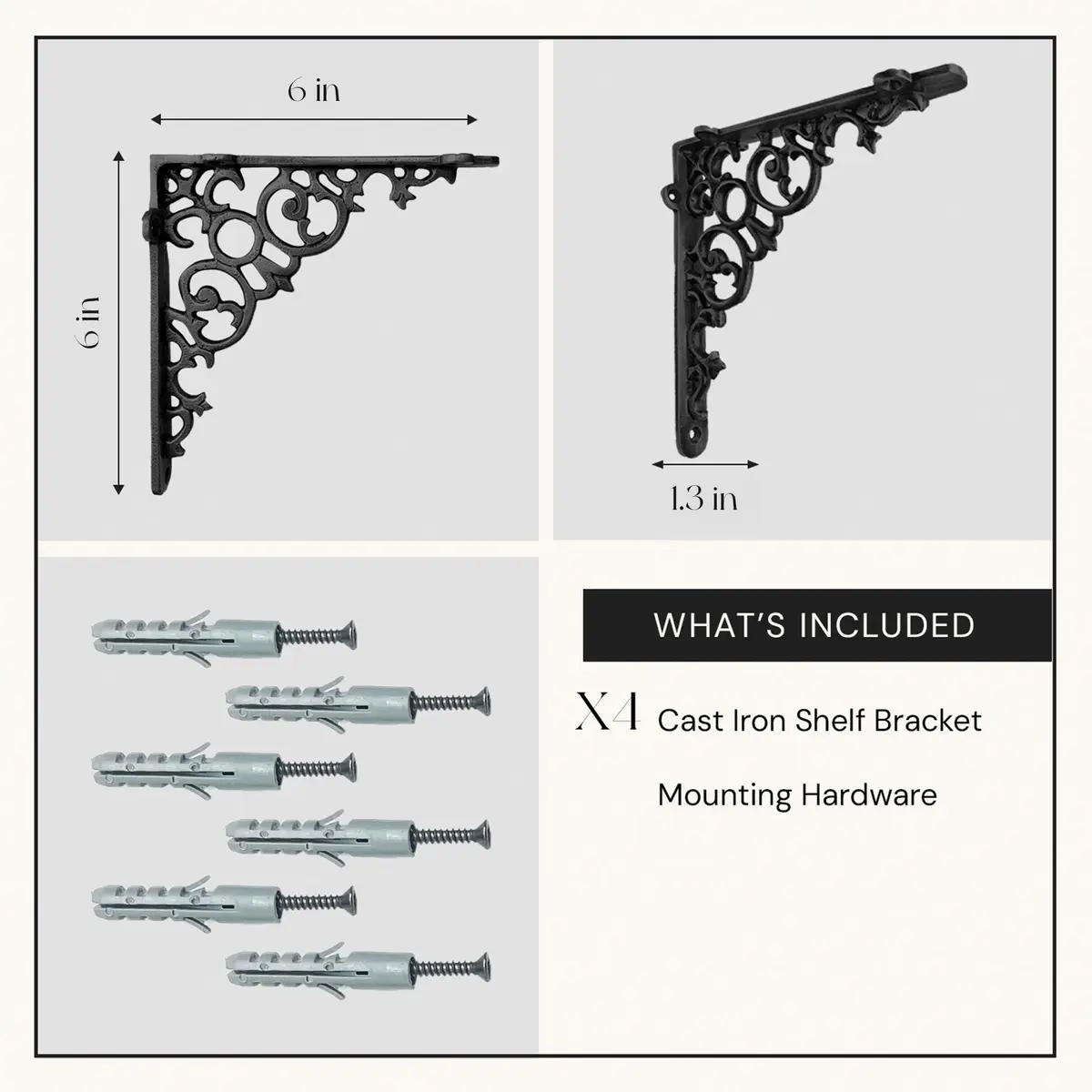 NACH Decorative Shelf Brackets 6 x 1.3 x 6 inch | Heavy Duty Cast Iron Victorian Shelf Support - view 6