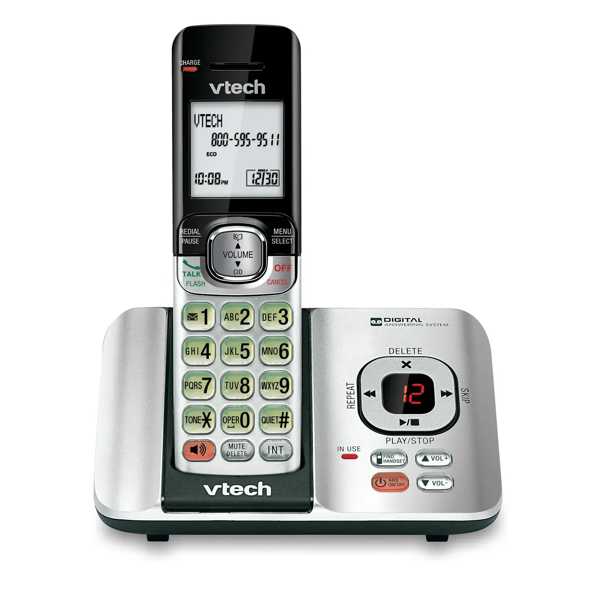 VTech CS6529 1-Handset Cordless Phone with Answering Machine | DECT 6.0, Caller ID, Silver/Black - main product image