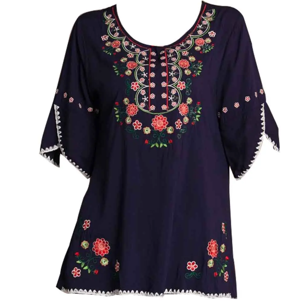 Ashir Aley Girls Embroidered Peasant Tops Mexican Bohemian Blouses Navy Blue 8-10 | Floral Embroidery, Cotton, Casual Fit - main product image