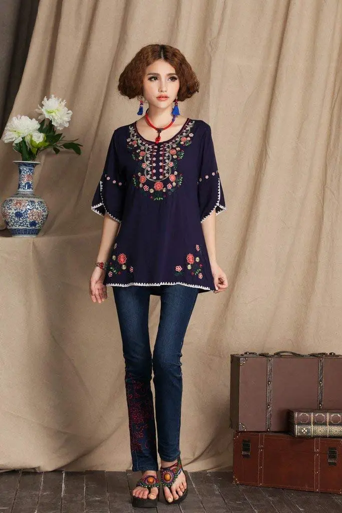 Ashir Aley Girls Embroidered Peasant Tops Mexican Bohemian Blouses Navy Blue 8-10 | Floral Embroidery, Cotton, Casual Fit - view 5