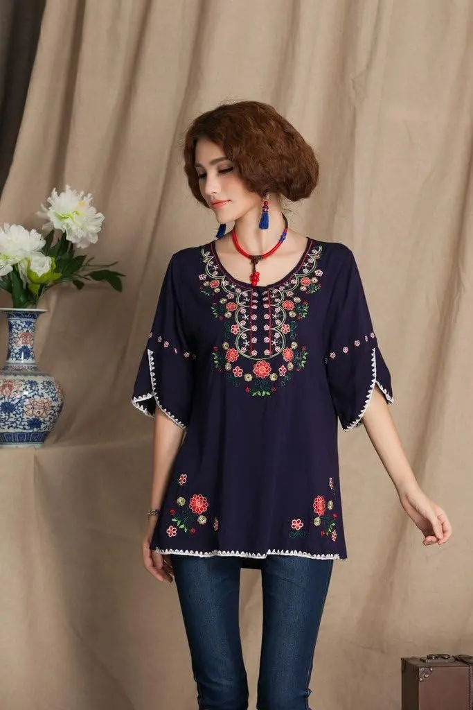 Ashir Aley Girls Embroidered Peasant Tops Mexican Bohemian Blouses Navy Blue 8-10 | Floral Embroidery, Cotton, Casual Fit - view 6