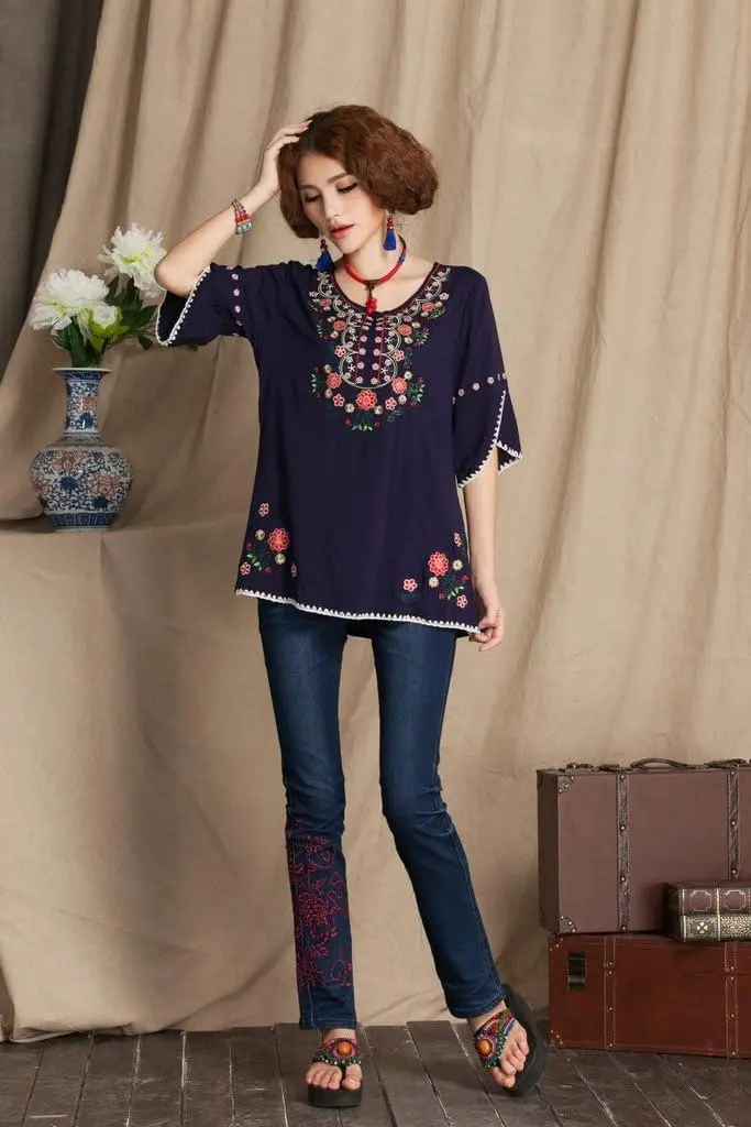 Ashir Aley Girls Embroidered Peasant Tops Mexican Bohemian Blouses Navy Blue 8-10 | Floral Embroidery, Cotton, Casual Fit - view 2